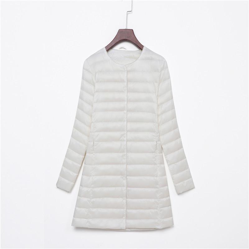 New down jacket women's light, medium and long fashion and thin dark button round neck warm jacket