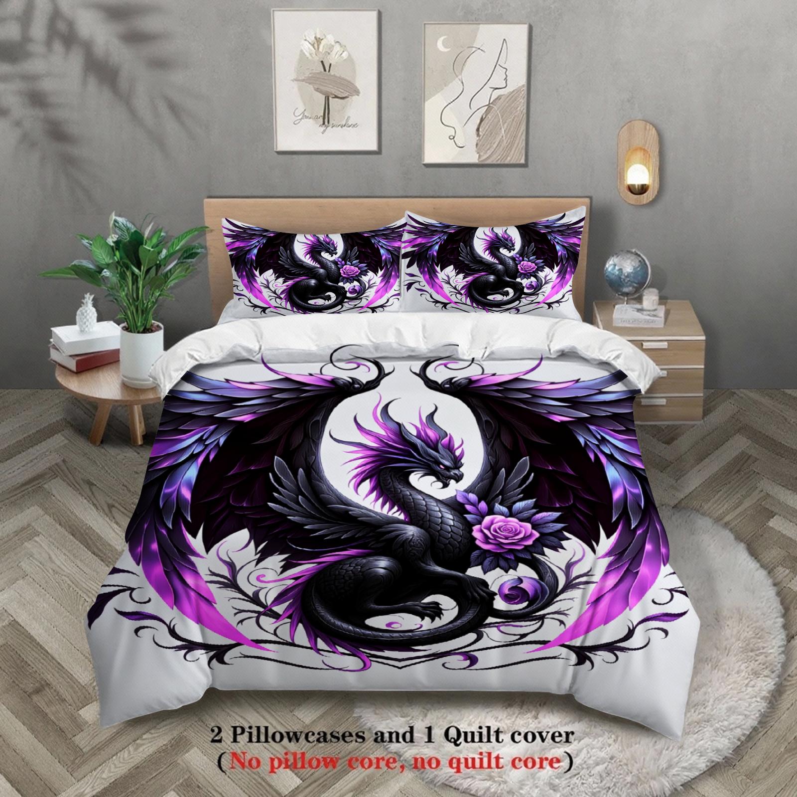 

3pcs Dragon And Rose Bedding Sets 3D Printed Purple Black Dragon Pattern Duvet Cover Sets With Pillowcases No Filling US Twin(172x218cm)