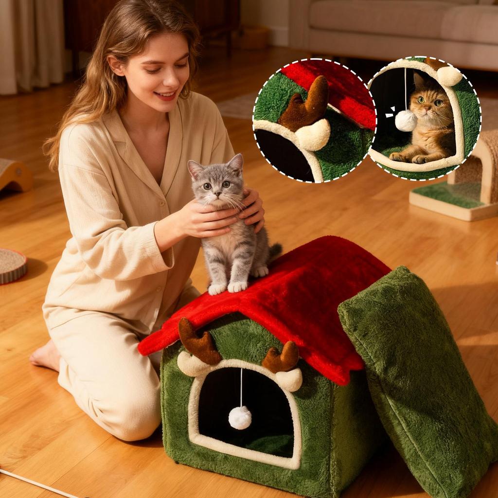 Christmas Cat House Winter Warm Cat Sleeping Nest Homemade kitten Puppy Nest Soft Plush Pet Supplies for Playing Resting