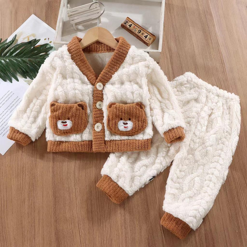 Verdicktes Korallenfleece Pyjama-Set Kinder Flanell Nachtwäsche Unisex Herbst Winter Warme Hauskleidung Weiches Plüsch Kinder Outfit