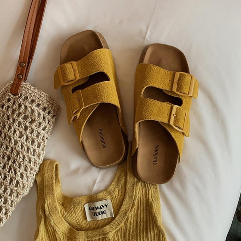 

Studiolee women s summer wear one pedal double buckle cowhide platform sandals Boken sandals 40 жёлтый