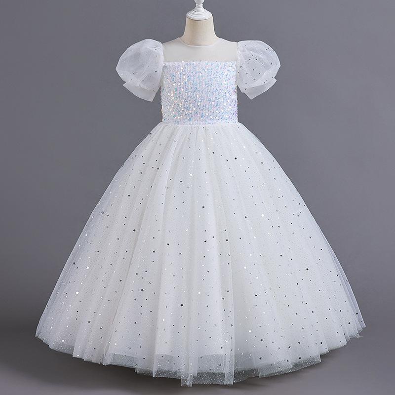 Girls' Formal Puff Sleeve Evening Gown for Piano Performances and Flower Girl Events