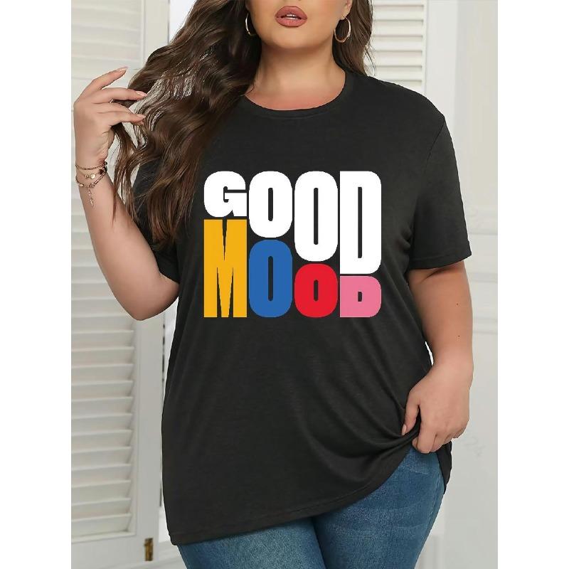 Plus Size Women Good Mood Letter Print Yellow Pink Blue Casual Tee S чёрный