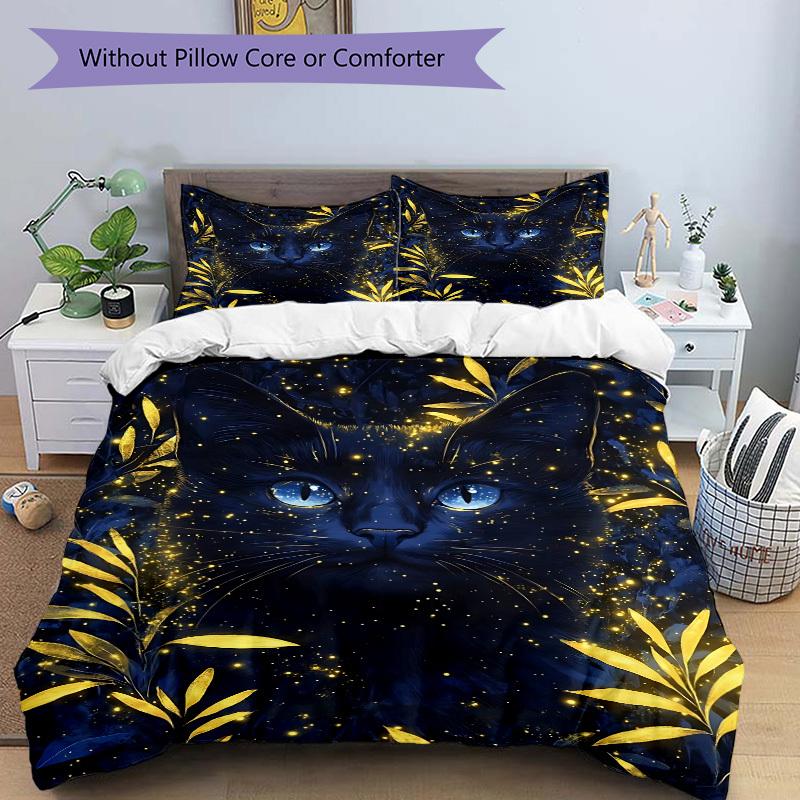 3pcs Midnight Black Cat Duvet Cover Set - Machine Washable, Includes 1 Cover and 2 Pillowcases, No Core Included Yy251013043