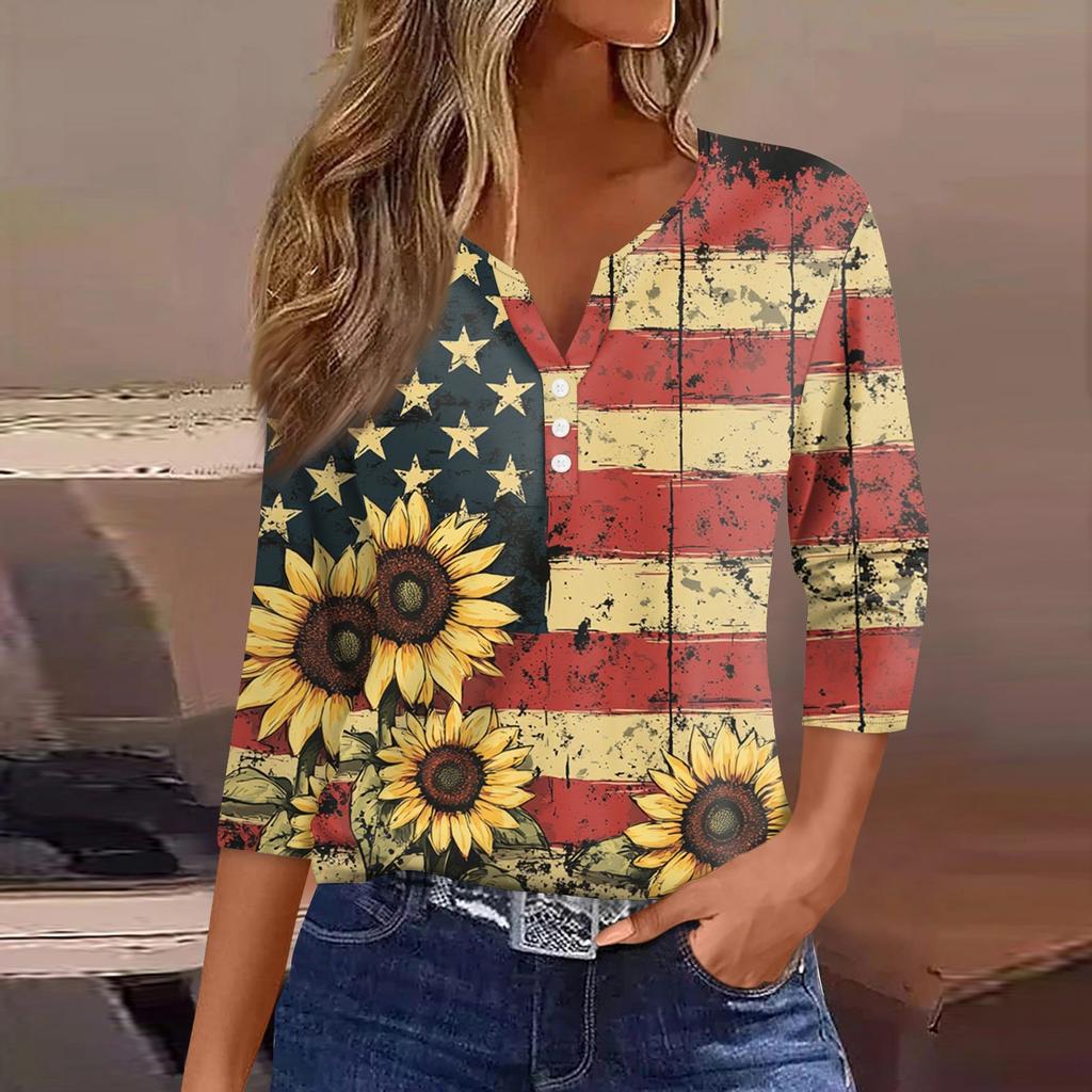 Women's T Shirt Tee Independence Day Printed Button 3/4 Sleeve Tunic Daily Weekend Fashion Basic V- Neck Regular Top