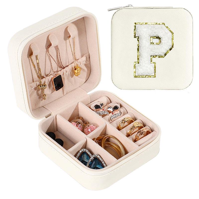 Large Capacity Jewelry Box for Stud Earrings and Rings - Portable Leather Storage with Letter Design