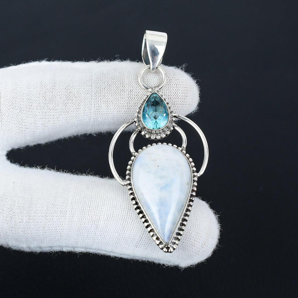 Natural Rainbow Moonstone Gemstone Silver Pendant In 925 Sterling Silver- Handmade Design, Everyday Wear Jewelry, Unique Blue Topaz Pendant