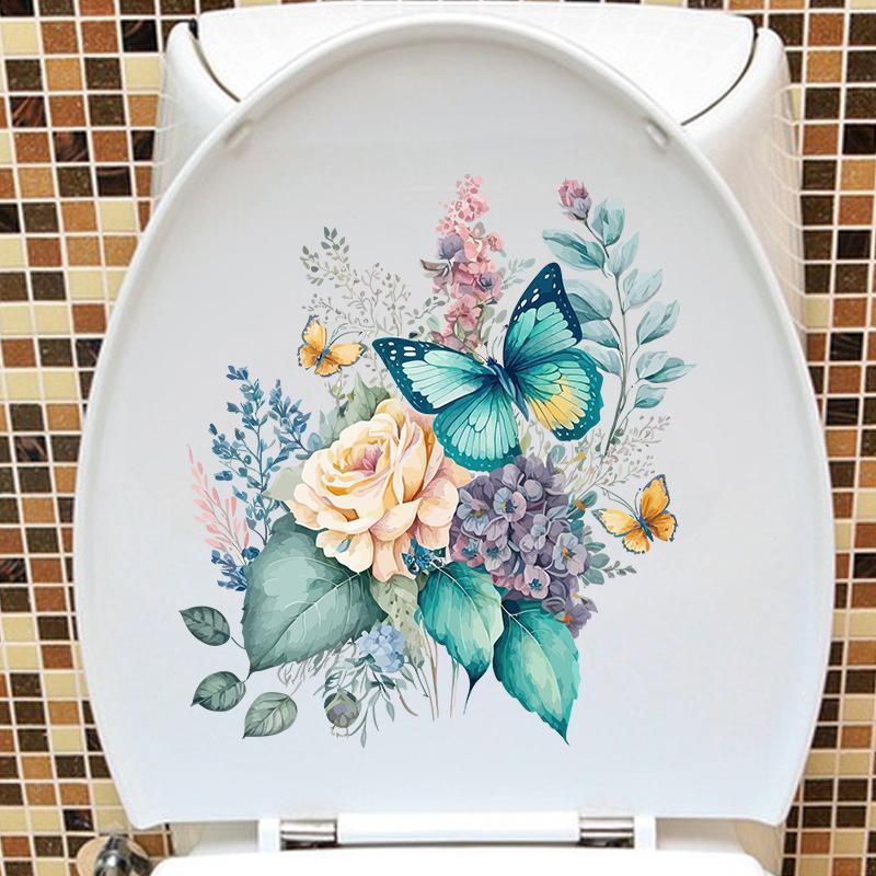 Toilet Sticker Waterproof Floral Butterfly Self Adhesive Removable No Trace for Home Bathroom Renovate