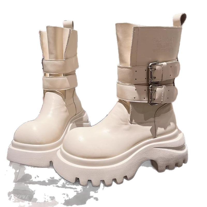 Leather Martin Boots Women's Thick-soled Heightened and Thin Small Chelsea Short Boots Cigarette Boots Medium Boots Locomotive Boots