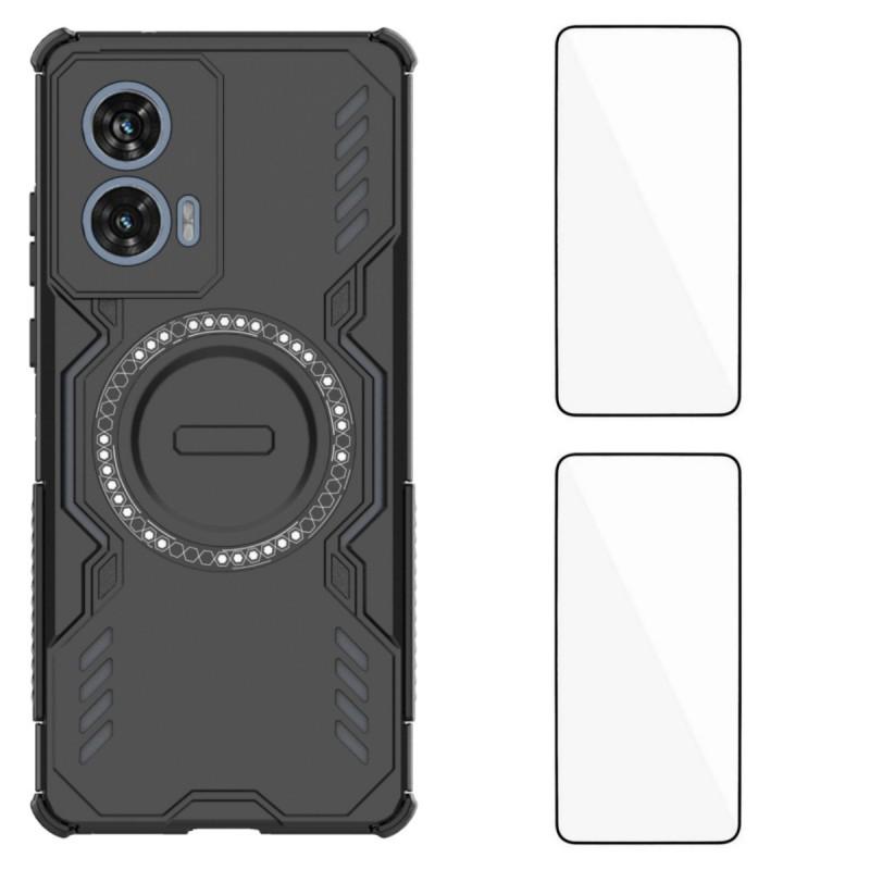 For Motorola Edge 50 Fusion 5G Magnetic Case WANLONFENG DJ Series PC TPU Phone Cover with 2Pcs Tempered Glass Film