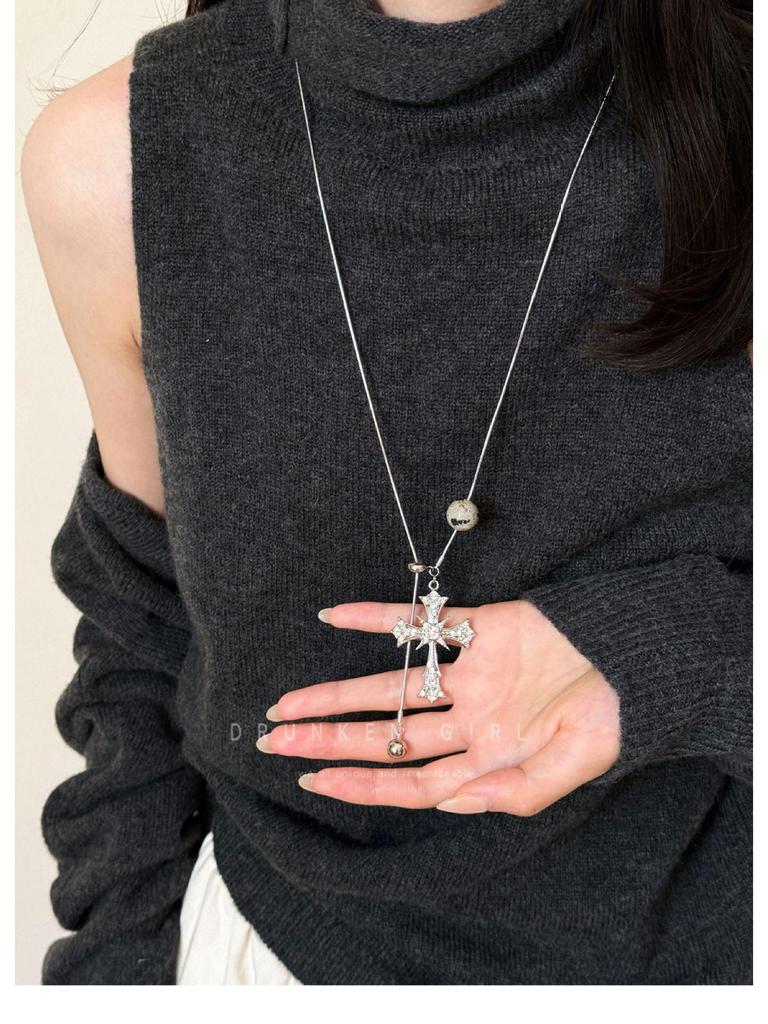 Vintage Tiger Eye Stone Cross Pendant Necklace with Sweater Chain Design