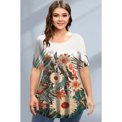 Große Größe Locker sitzendes Damen-T-Shirt Sommer Kurzarm Rundhals T-Shirt Blume 3D-Druck Top Übergroße Damenbekleidung T-Shirts Damen