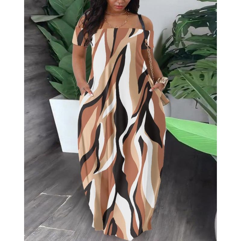 

Летняя мода повседневный сексуальный принт платье с открытыми плечами XXXL абрикосовый