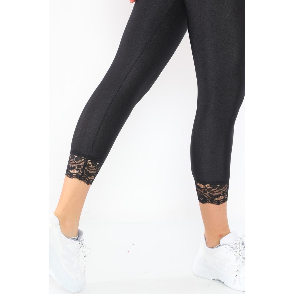 Schwarze Damen-Leggings mit Spitzenstickerei und extra hoher Taille