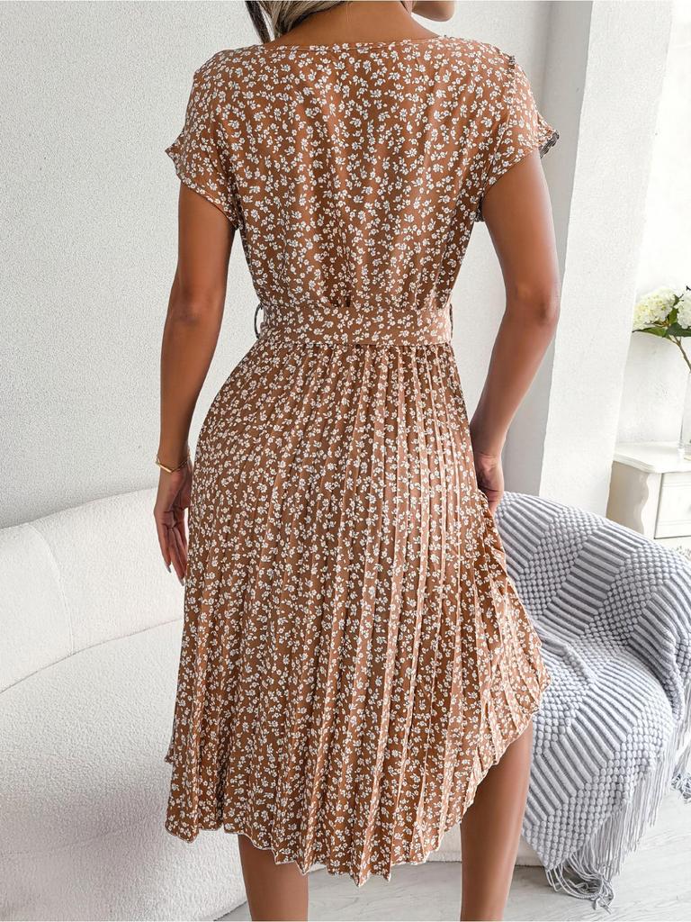 Abito stampato con scollo a O, elegante abito attillato per le donne, a maniche corte, abiti larghi, abito casual