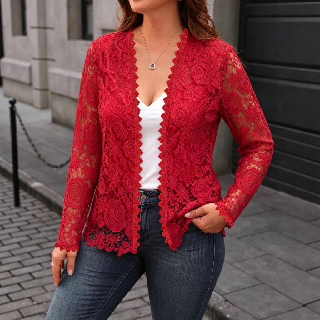 Lace Cardigan Women's New Long-sleeved Sheer Coat, Slim-fitting and Flattering, Suitable for All Occasions.