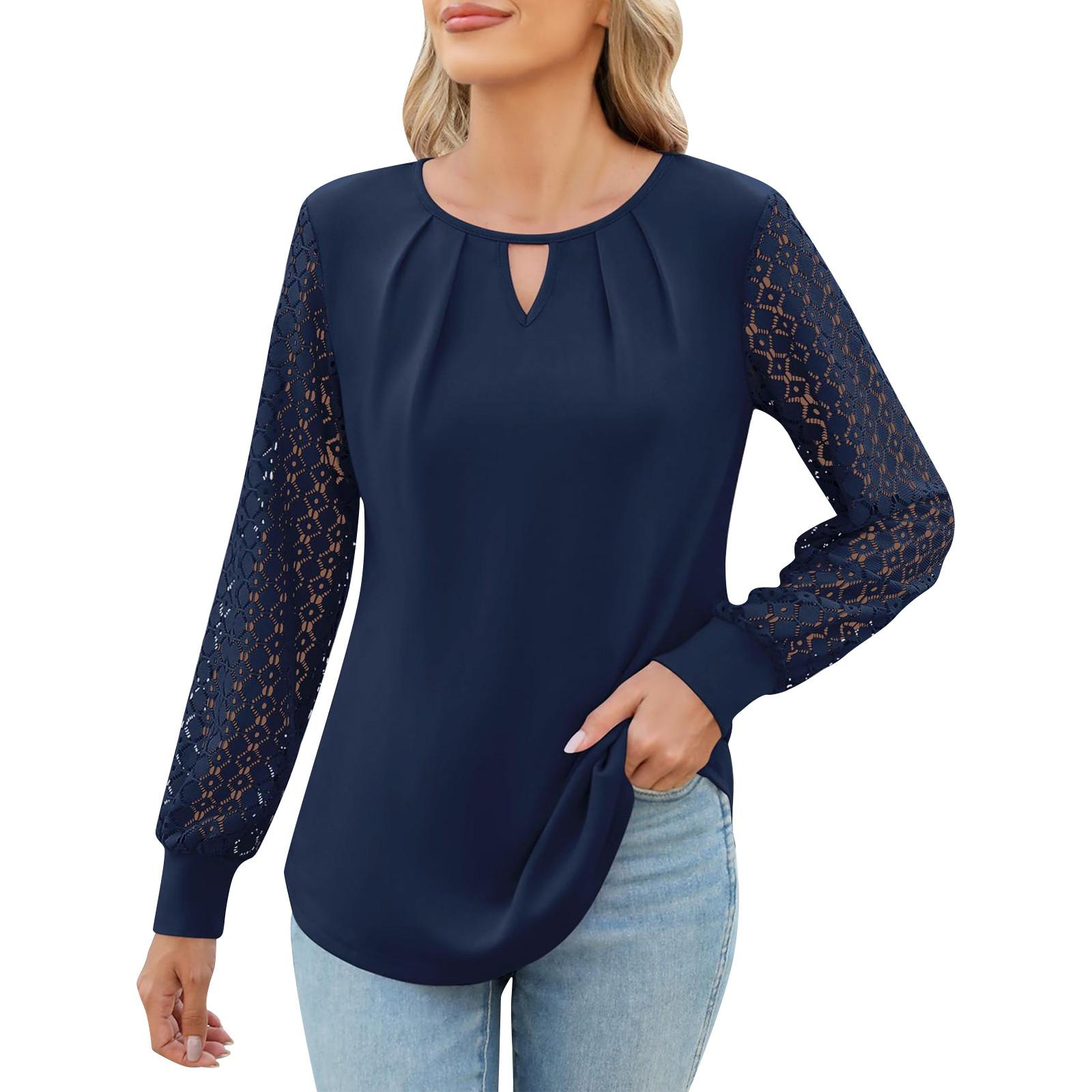 

Женская трикотажная кружевная футболка с длинными рукавами и круглым вырезом в стиле ранней осени XXL тёмно-синий