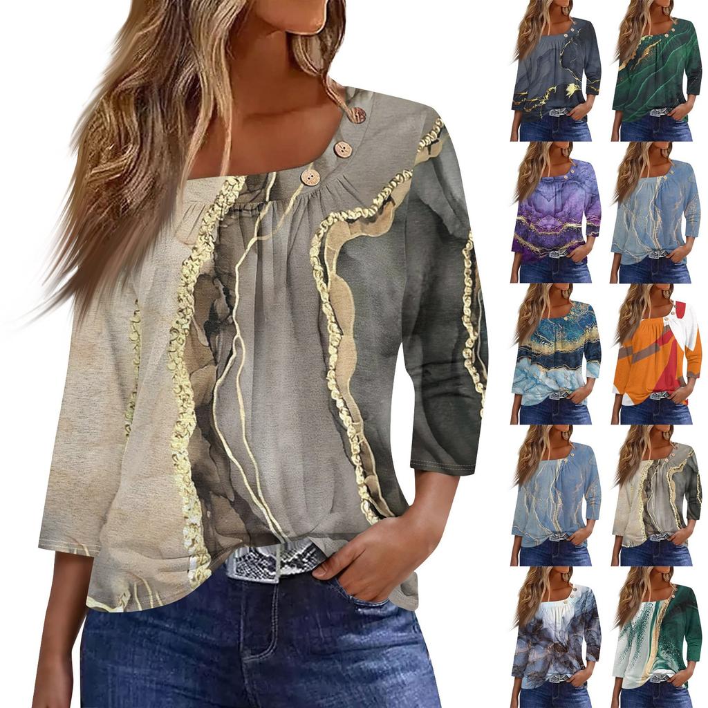Women's T Shirt Tee Print Button 3/4 Sleeve Daily Weekend Fashion Basic Regular Top