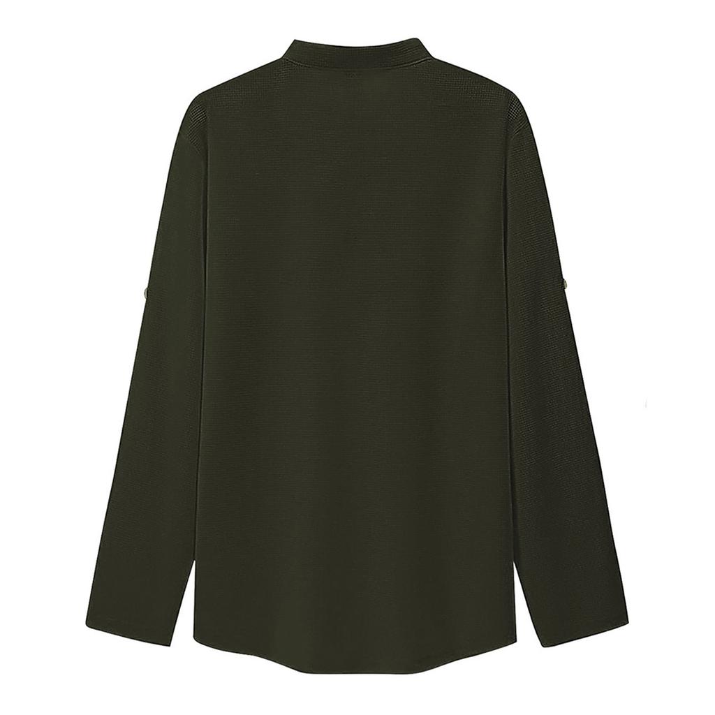 Men'S Fashion Stand Up Collar Solid Color Shirt Casual Long Sleeved Top