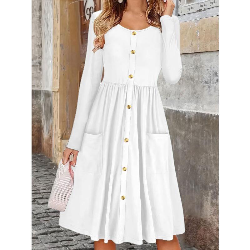 DICFY Women's Fashion Autumn Winter Solid Color Print Long Sleeve O-Neck Casual Dresses