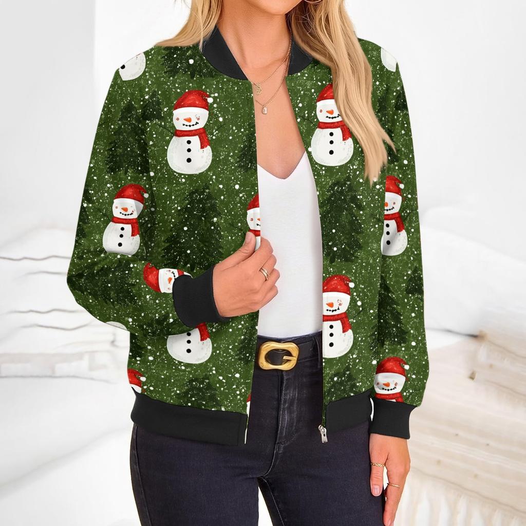 Damen Weihnachtsdruck Reißverschluss Jacke Langarm Rundhalsausschnitt Lässig Feiertags Oberbekleidung