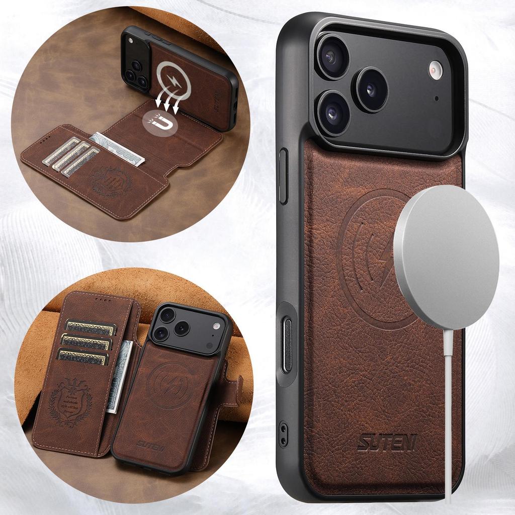 iPhone17ProMax Magnetic Leather Flip Case with Card Slot and Wireless Charging Stand