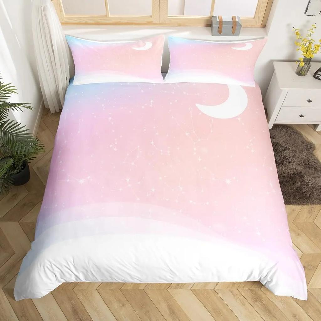 Sparkling Stars Bedding Set Galaxy Duvet Cover Pink Constellation Astrology Zodiac Nebula Comforter