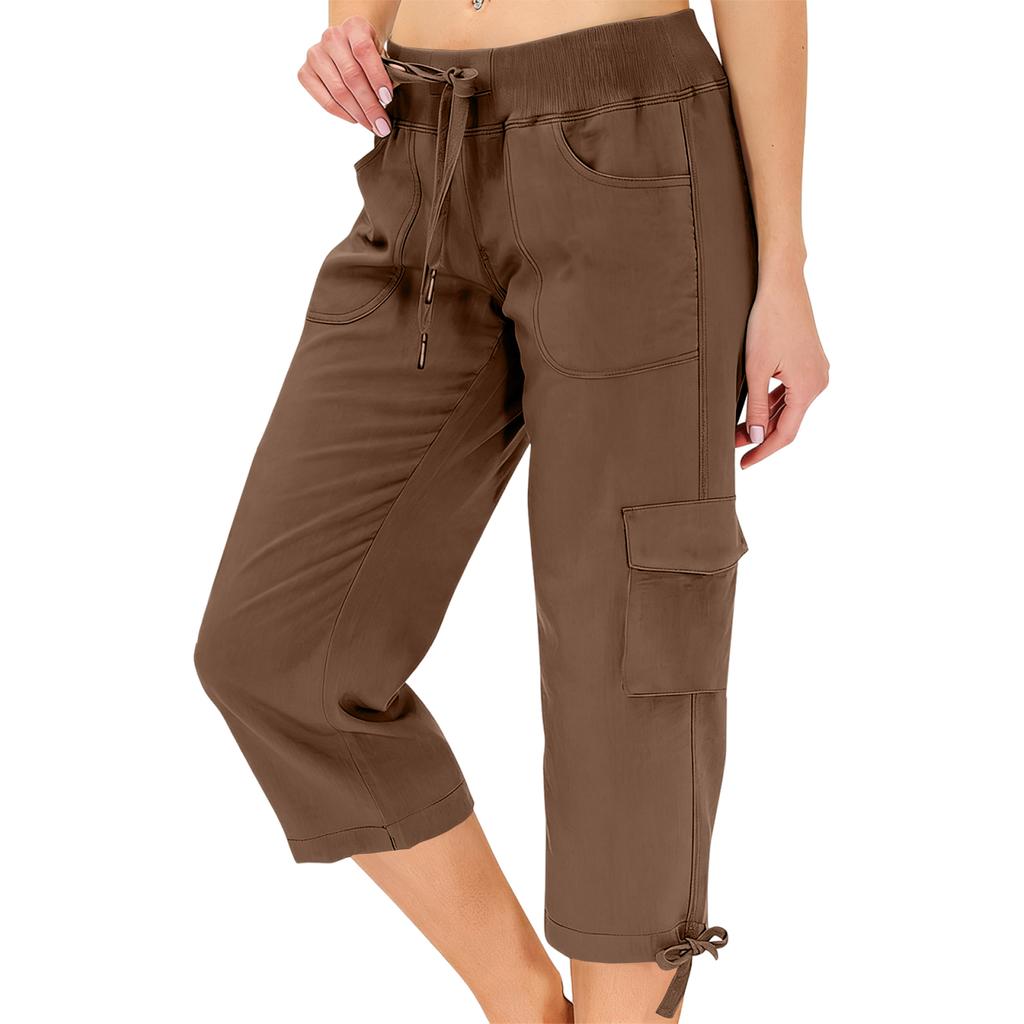 Women’s Loose Fit High Waist Elastic Waistband Lightweight Hiking Pants with Dual Pockets and Drawstring Capri Length for Outdoor Activities