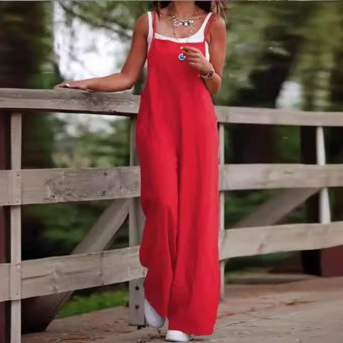 Summer Solid Color Women's Casual Pocket Suspender Jumpsuit