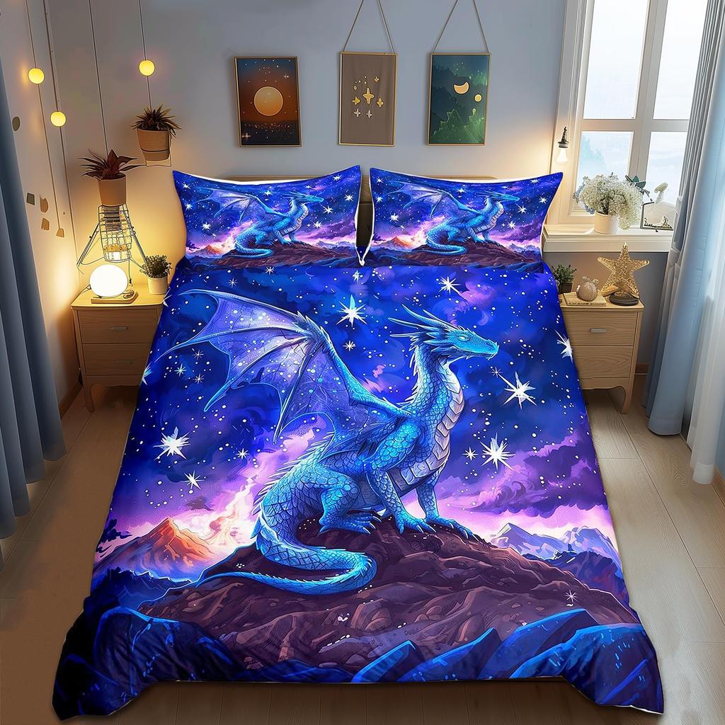 Galaxy Dragon Duvet Cover Sets For Kids Boys Girls Queen Lightweight Quilt Covers Starry Sky Jungle Animals Dragon Bedding Set