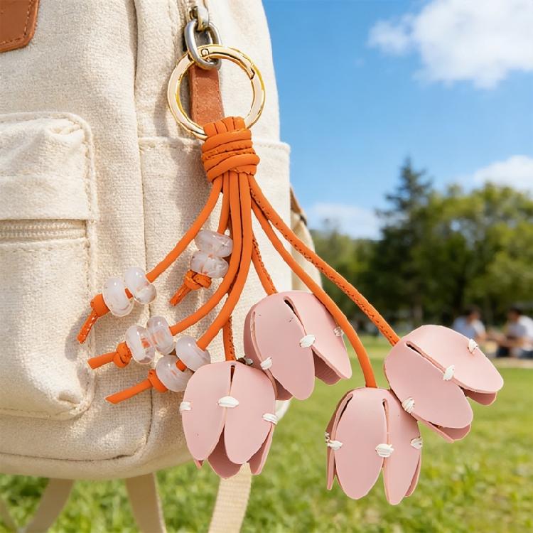 Artistic Tulips Themed Key Accessory Crafted From Leather With Elegant Bead Embellishment