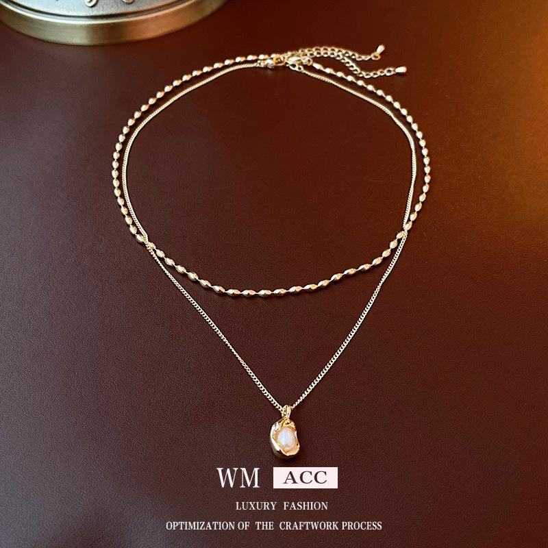 

Двухслойное ожерелье с французскими плиссированными жемчужными бобами, роскошная нишевая легкая цепочка на ключицу, модный темперамент, высококачественное ожерелье Sense 1#