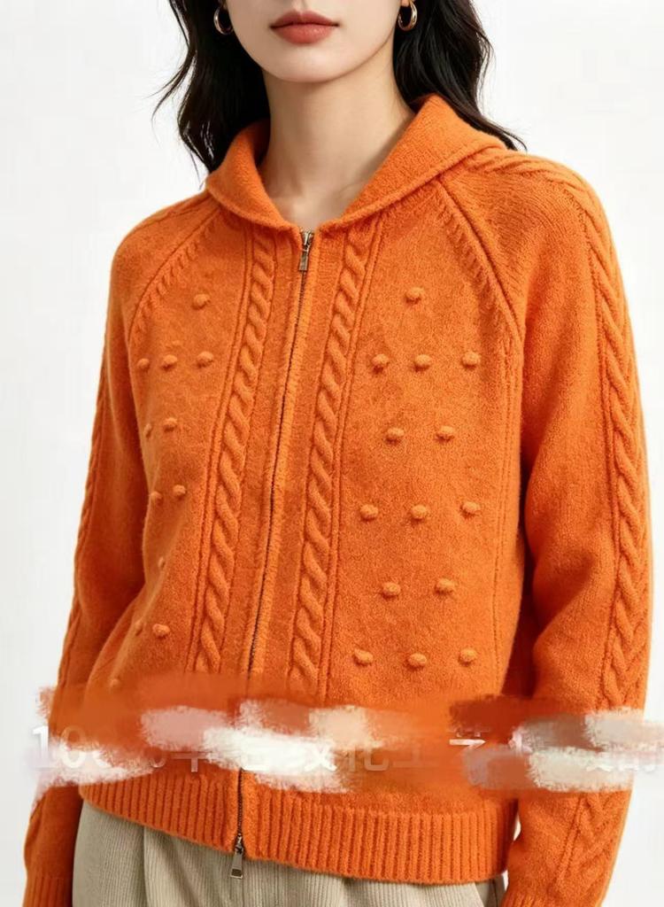 Korean-Style Double Zipper Retro Cable Knit Cardigan Jacquard Lapel Sweater for Women