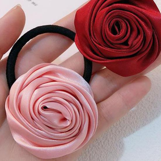 Hair Tie French Style Glossy Satin Rose Flower Decor Handcrafted 3D Petal Design Hair Rope Soft Smooth Fabric Hair Accessory