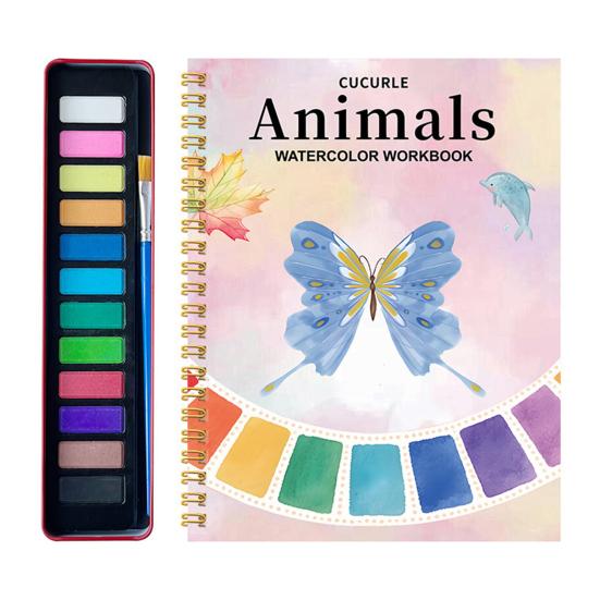 Watercolor Painting Kit for Beginners Step-by-Step Painting Guide with 12 Colors Flower Animal Theme Practice Workbook for Learning Blending