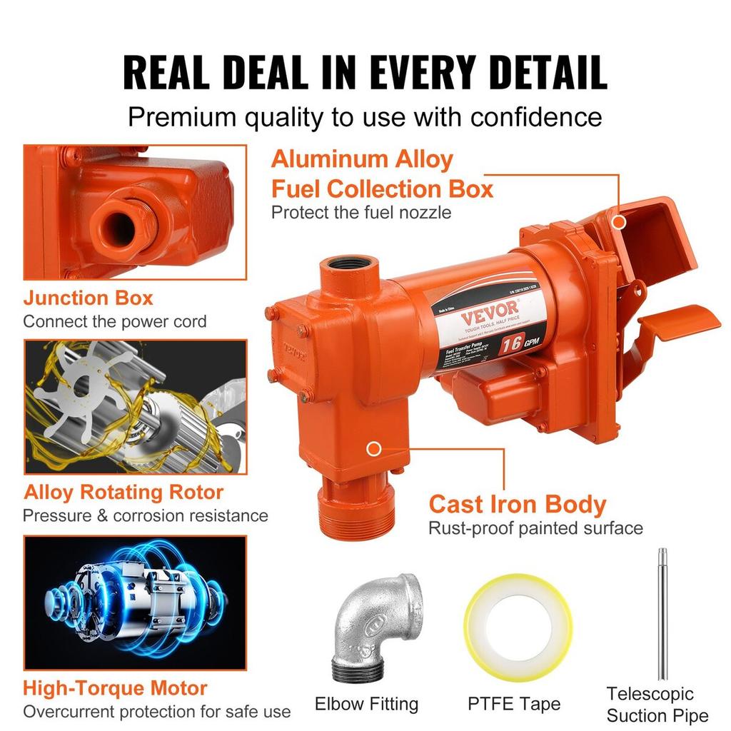 Fuel Transfer Pump, 12V DC 16 GPM 1/4 HP, Gasoline Extractor Pump with Automatic Nozzle, Discharge Hose & Suction Pipe for Gasoline, Diesel, Kerosene,