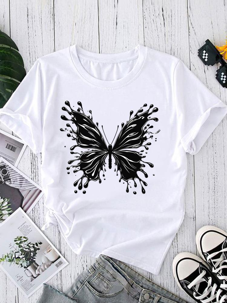 (Asian Size) Graphic Tee T-shirts Female Lovely Feather Style Casual Short Sleeve O-neck Fashion Print Women's Top T Clothing