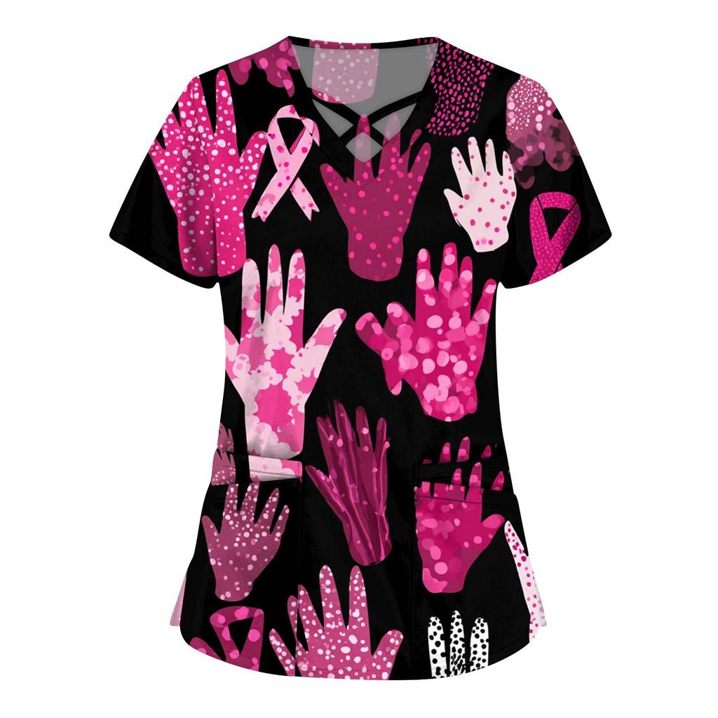 Dámská móda V-výstřih Krátký rukáv Kombinézy Kapsa s dvojitou vrstvou Tištěná trička Oblečení