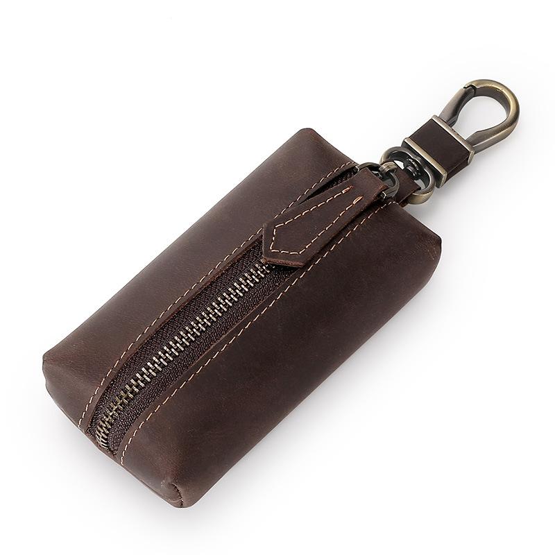 Large Capacity Leather Key Bag, Retro First-layer Cowhide Key, Leather Case, Zipper Buckle, Genuine Leather Key Bag.