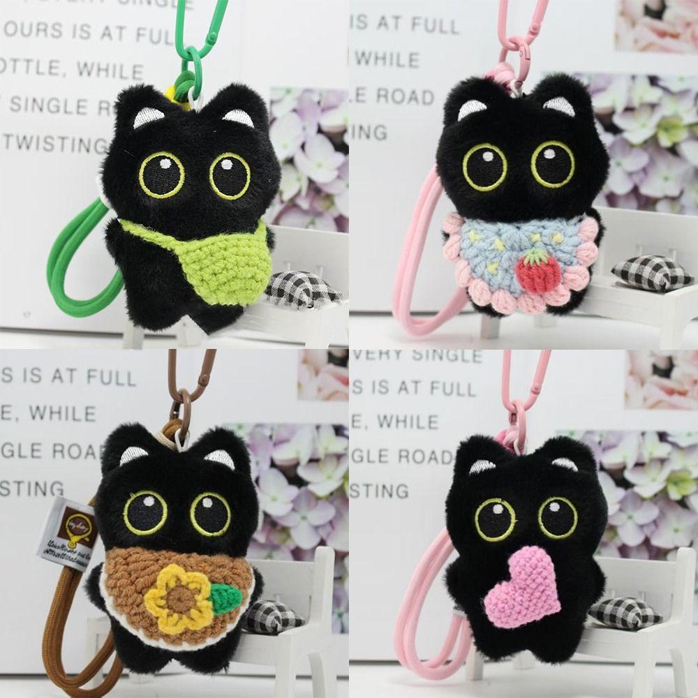 With Woven Bracelet Cat Pendant Squeak Car Key Ring Cute Black Cat Plush Doll Keychain  Gifts