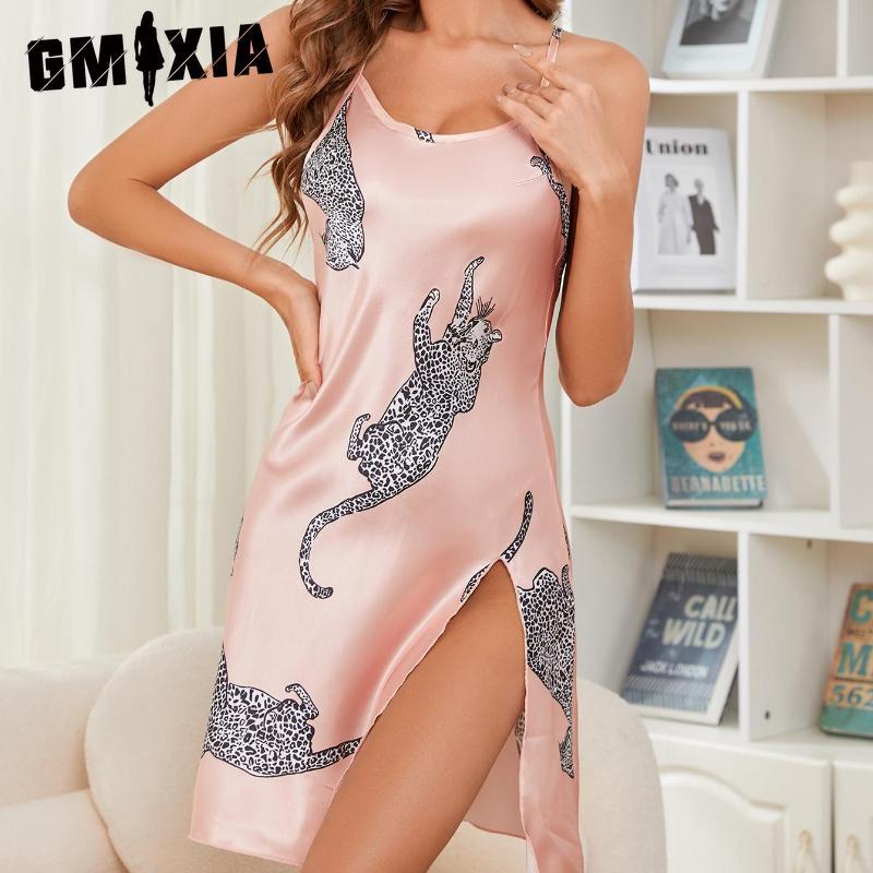 GMXIA Ice Silk Nightgown Women Summer Leopard Sexy Pure Desire Wind Sling Sleepwear