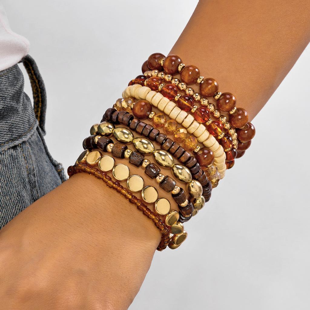 Bohemian bracelet stacking set, retro ethnic wind wood beads, crystal soft pottery beaded bracelet bracelet.