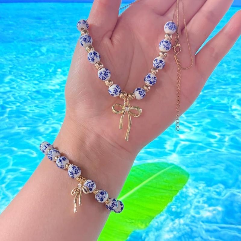 Stylish Blue White Porcelain Bowknot Beaded Jewelry Set Sturdy Fade Resistant Necklace Bracelet Earrings Adornment