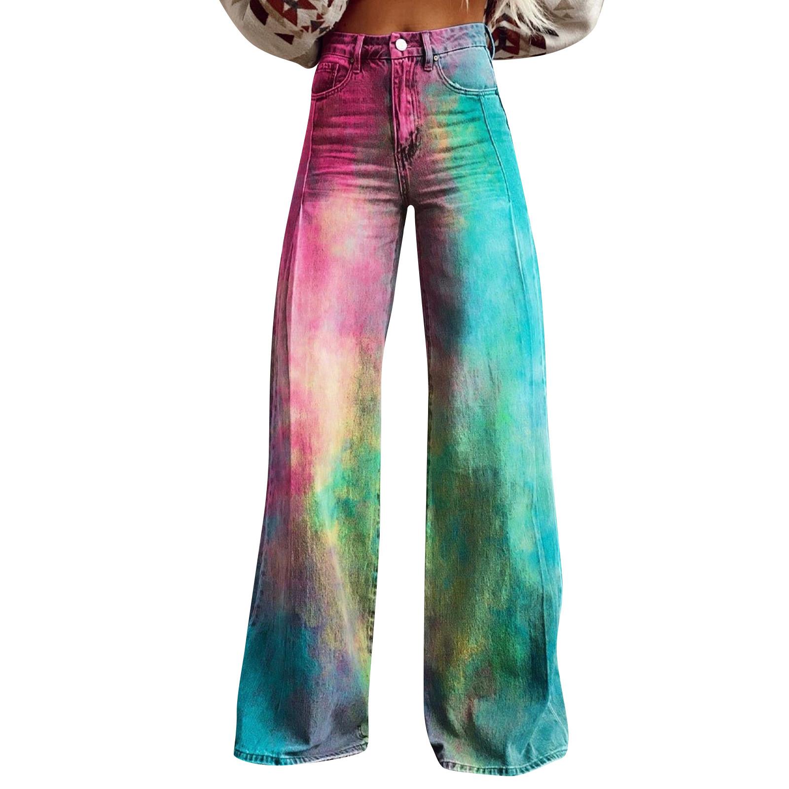 

Широкие расклешенные джинсы для женщин с карманами, мешковатые брюки с винтажным цветочным принтом и высокой талией, свободные брюки XL