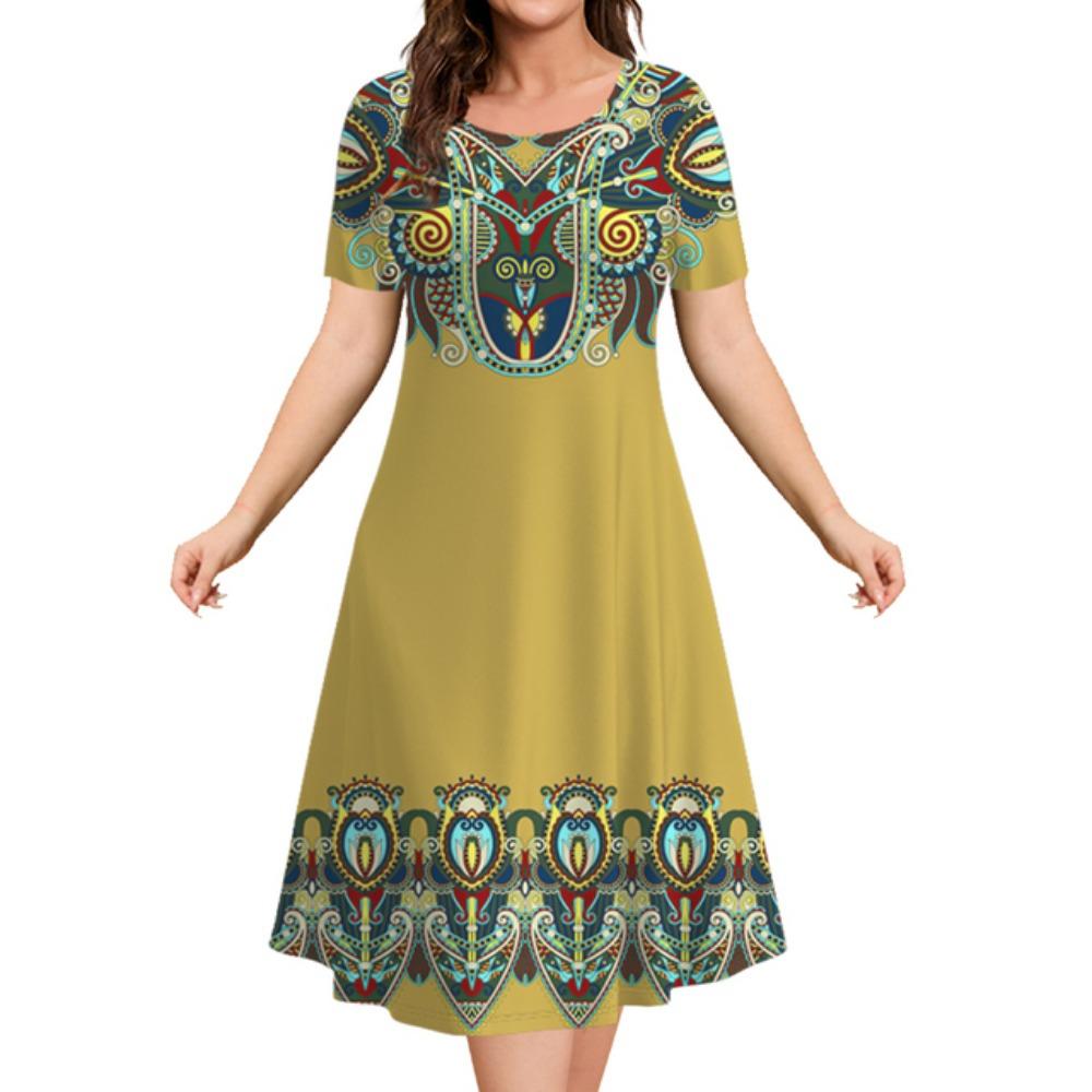 2026 Summer Fashion Ethnic Short-sleeved Mid-length Dress Women Retro Printed Luxury Dress