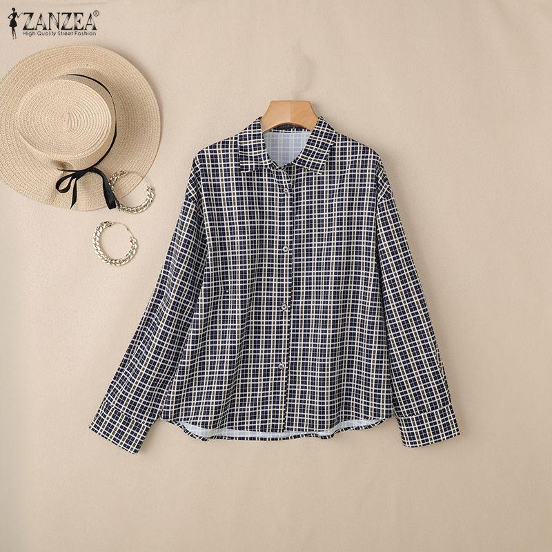 ZANZEA Women Casual Turn Down Collar Long Sleeve Plaid Print Loose Blouse