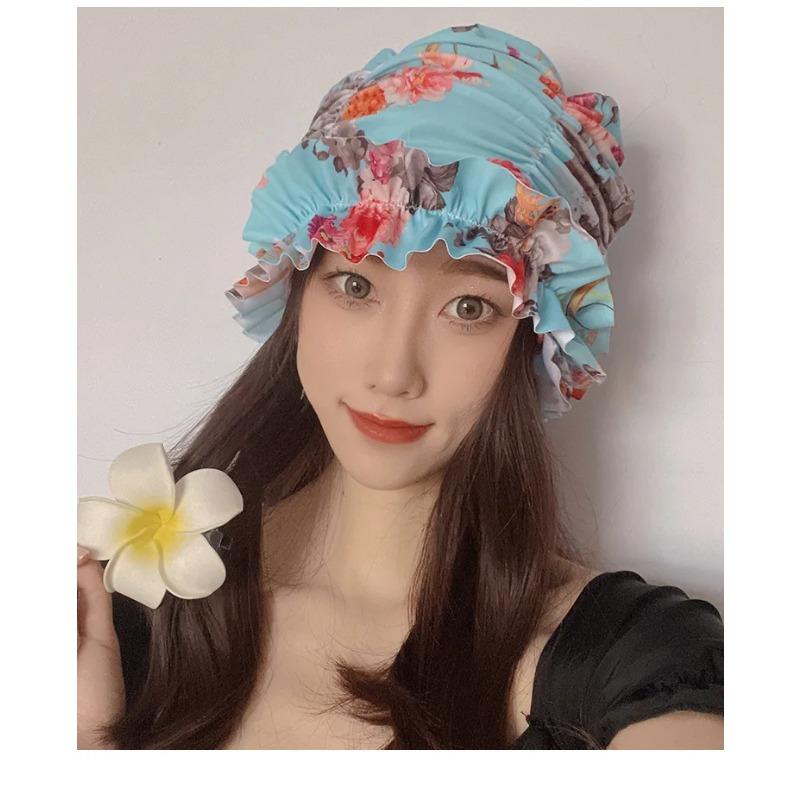 Womens Swim Cap for Long Hair Cute Korean Style Colorful Fabric Design Elegant Beach Photography Hot Spring Swimming Cap