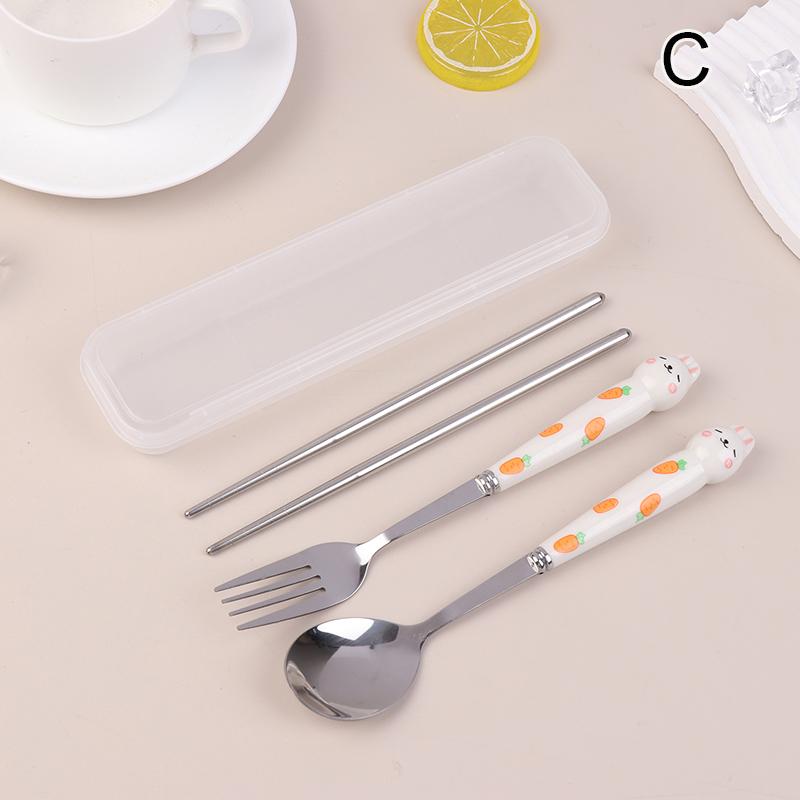

Набір посуду Мультяшний Кролик Нержавіюча Сталь Ложка Вилка Палички для їжі Студентський Портативний Посуд Дорожні Набори Столових Приборів з Коробкою