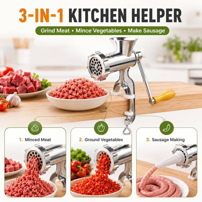 ZNLYRION Stainless Steel Manual Meat Grinder Hand Crank Mincer Sausage Stuffer Machine Table Clamp Design Household Kitchen Tool for Mincing Meat