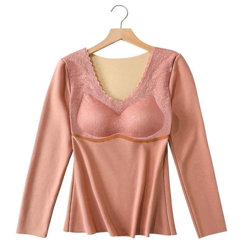 Damen Thermo-Oberteil langärmlig: Deutscher Samt, Spitze, Doppelseitig, Nahtlos mit eingebautem Brustpolster für den Herbst